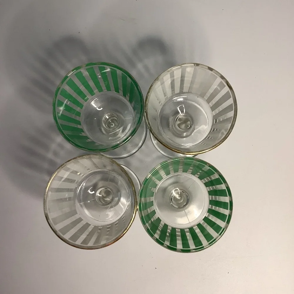 Carousel MCM Green & White Striped Short Goblet Glasses VTG Set of 4